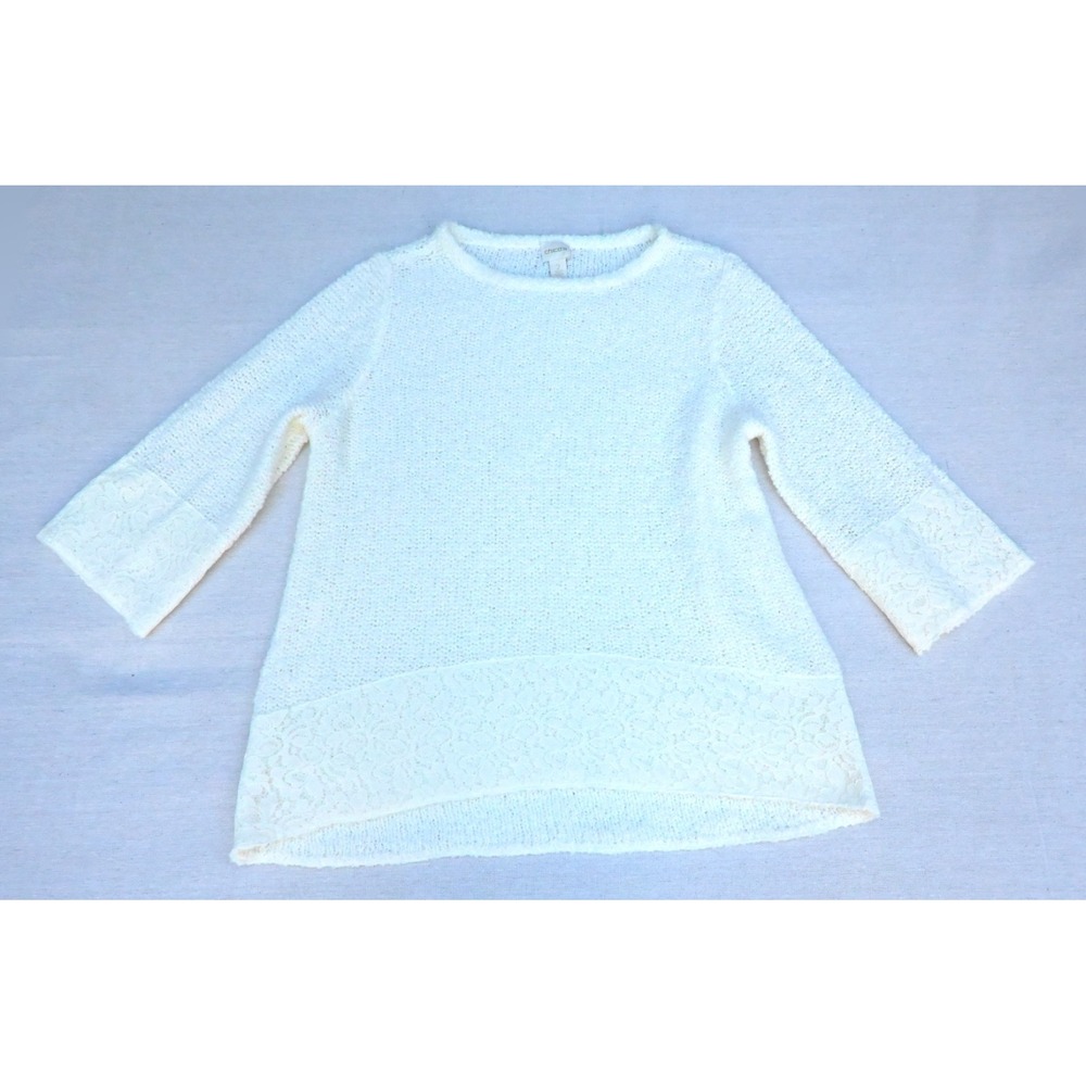 Chicos Womens 2 Ivory Open Knit Sweater Floral Lace Trim 3/4 Sleeve High Low Hem